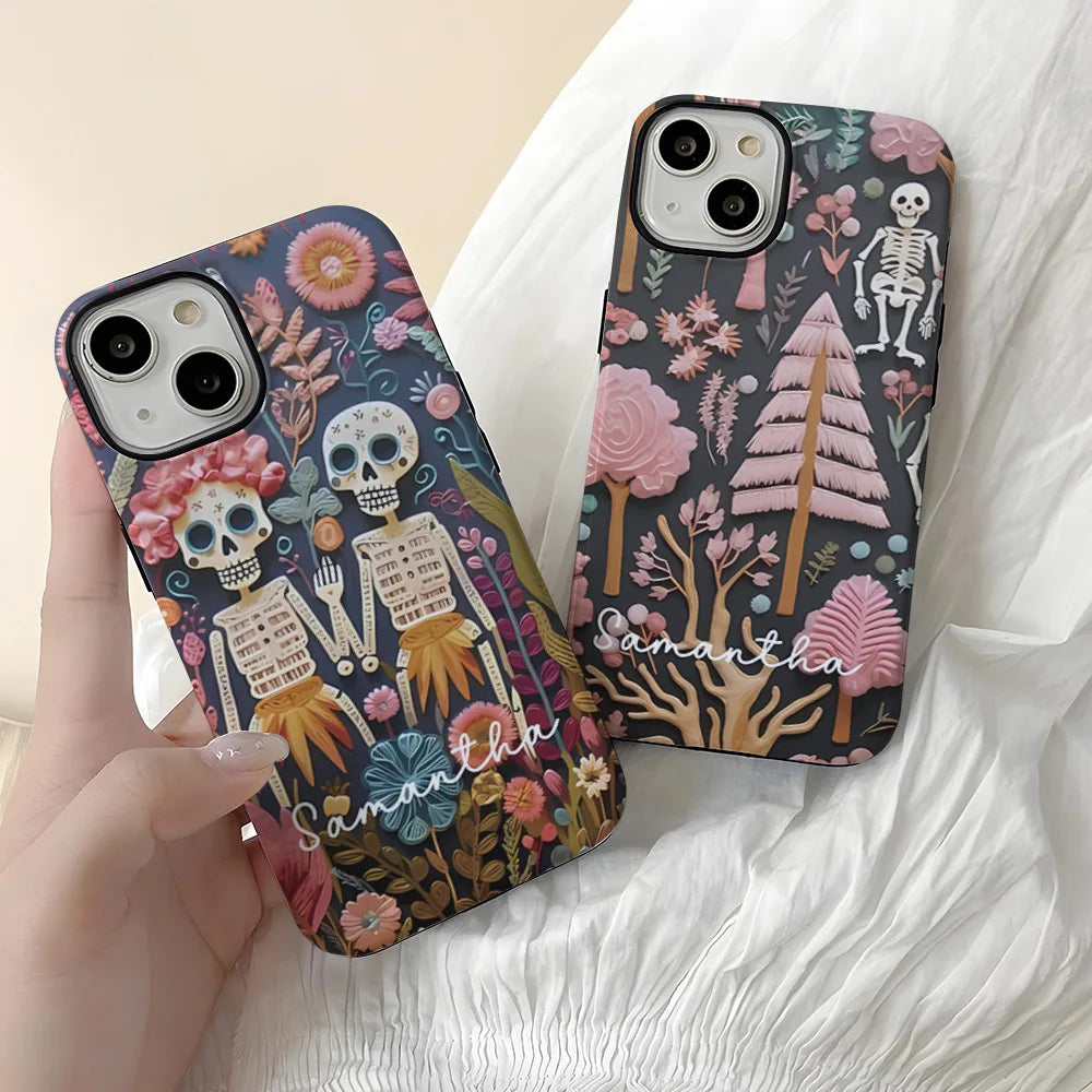 Fashion Embroidery Effect Skull Skeleton Phone Case For iPhone 16 15 Pro Max 16 Plus 2 in 1 Hard Protection Cover Funda