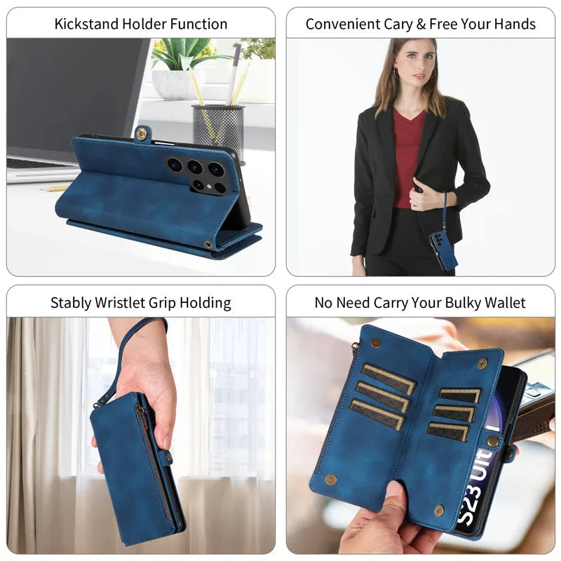 Luxury Leather Flip Wallet Case with Lanyard for Samsung Galaxy S26 / S25 / S24 / S23 Ultra & Plus – Magnetic Full Coverage Phone Bag Cover