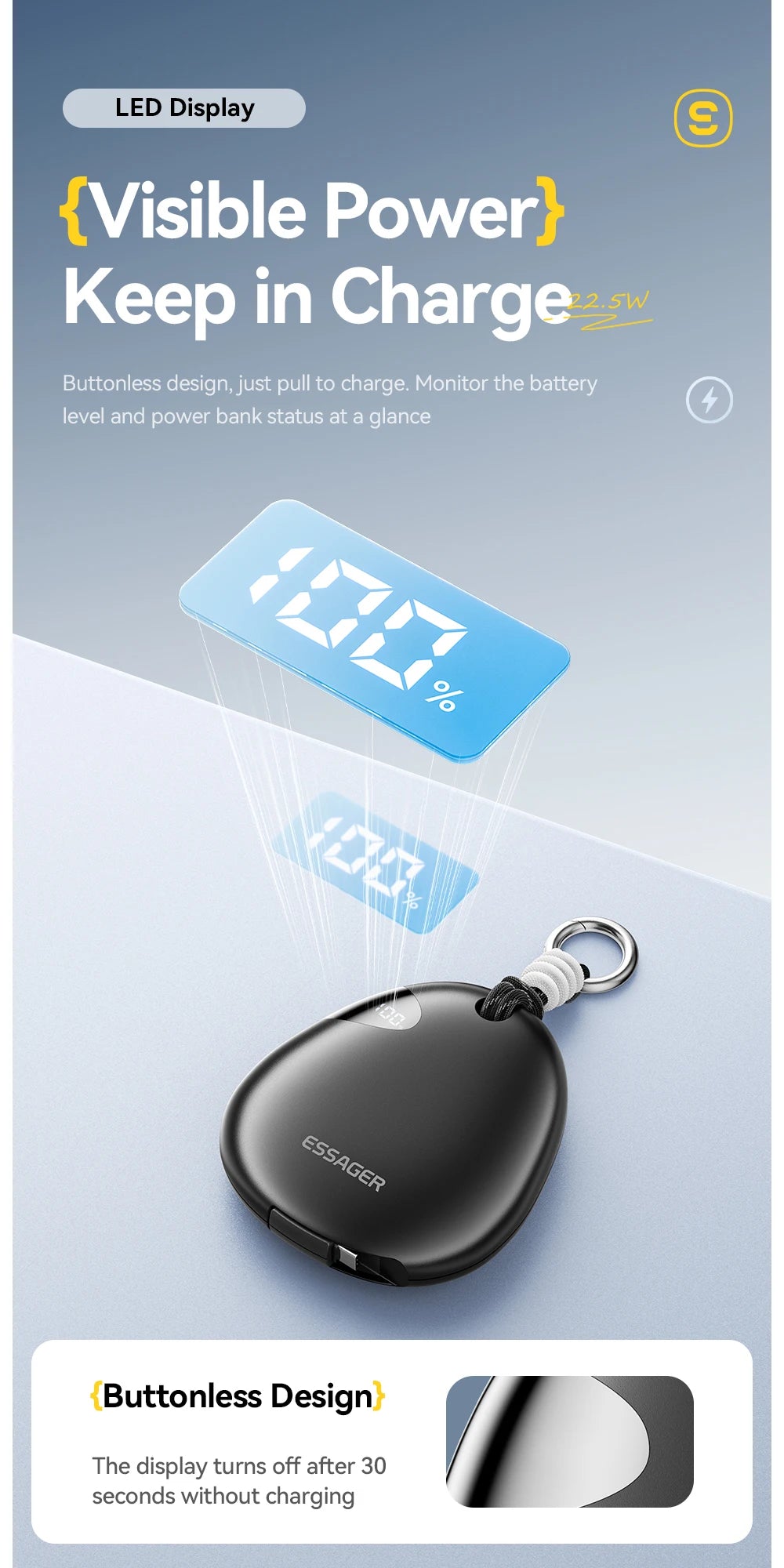 10000mAh Power Bank 22.5W Fast Charging Retractable Cable Wireless Charging with Digital Display & SOS Light