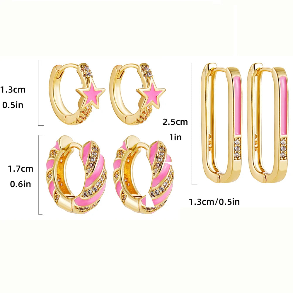 Cute Pink Color Enamel Geometric Square Star Huggies Earring New Trendy Zirconia Twist Hoop Earrings