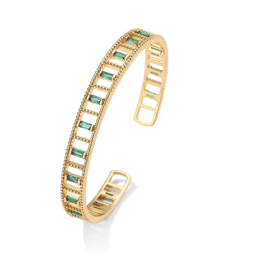 Green Rectangle Hollow Cubic Zirconia Cuff Bangles Bracelet