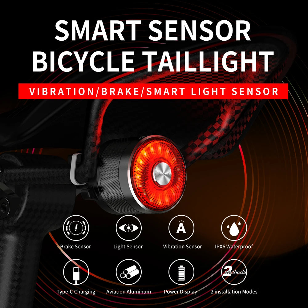 Rear Light Bicycle Smart Auto Brake Sensing Light IPX6 Waterproof USB Charging LED Cycling Light Warning Taillight
