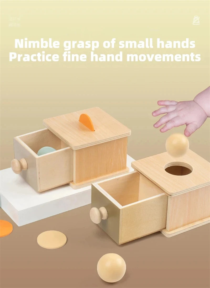 Montessori Coin Ball Box  Toy Wooden Object Permanence Box Macaroon Color Spinning Drum Drawer Box Educational Toys