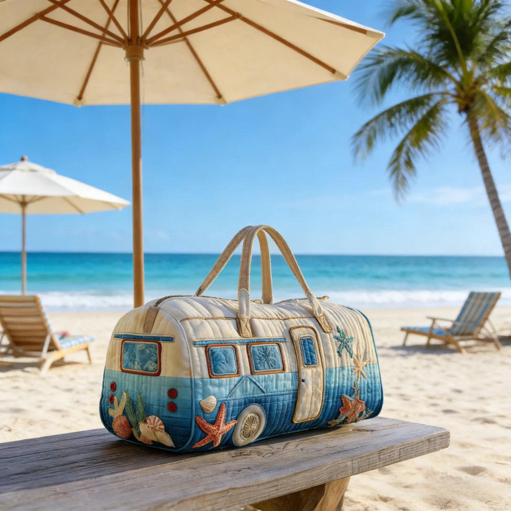 3D Printed Quilted Travel Handbag Camper Van Design with Sea Shell Starfish Lightweight Weekender Vacation Carry-On Duffel Bag