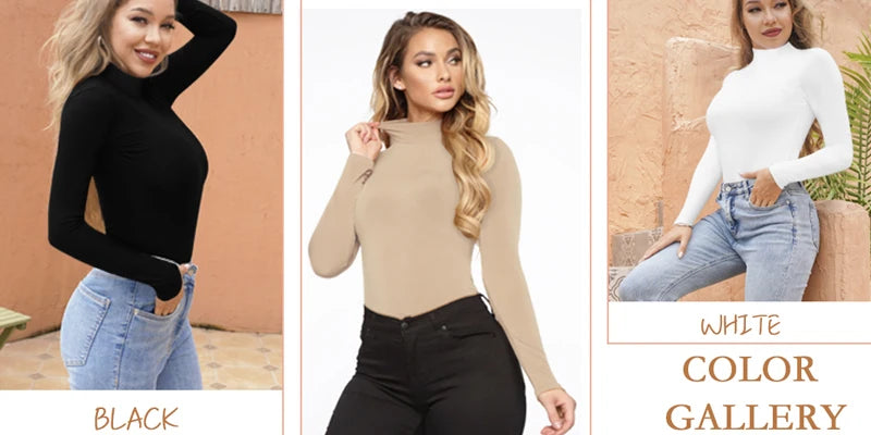 Women's Mock Turtle Long Sleeve Bodysuit Shapewear Tummy Control Body Shaper Lady Streetwear Bodysuits Autumn Winter