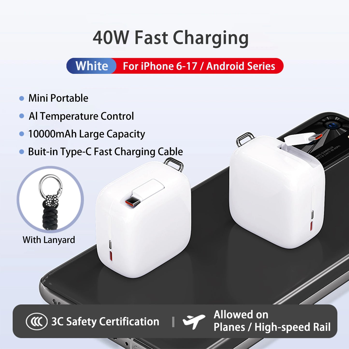 40W Fast Charging Protable 10000mAh PowerBank Gallium Nitride With 70cm Retractable Type-C Cable for iPhone 17 16 Xiaomi Huawei