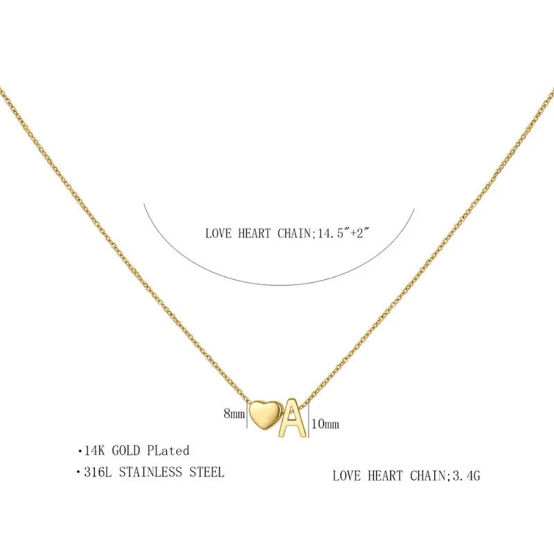 8mm Heart Shaped Initial Letter Pendant Necklace For Women Men Gold Plated Couple Necklace 45 cm