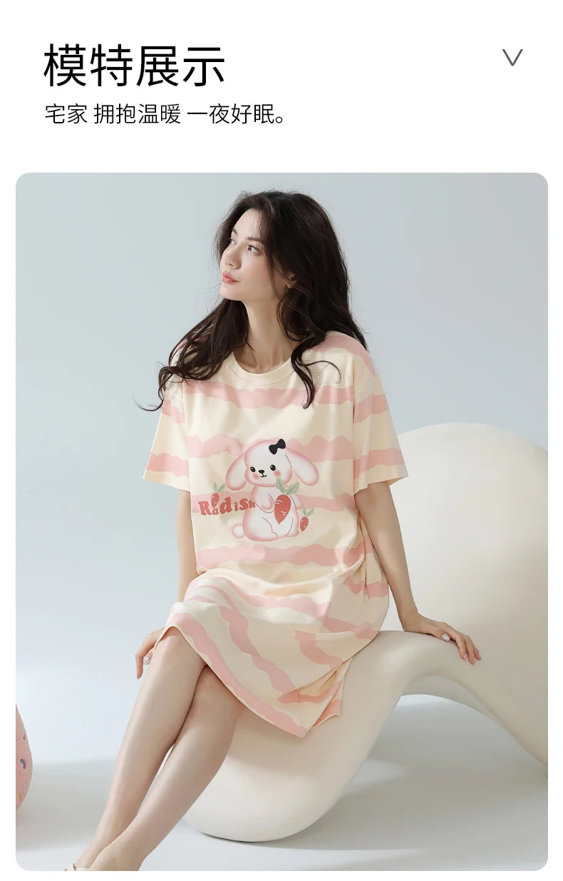 Women’s Cotton Nightgown – Korean Style Cute Print, Summer Short Sleeve Sleepwear Dress