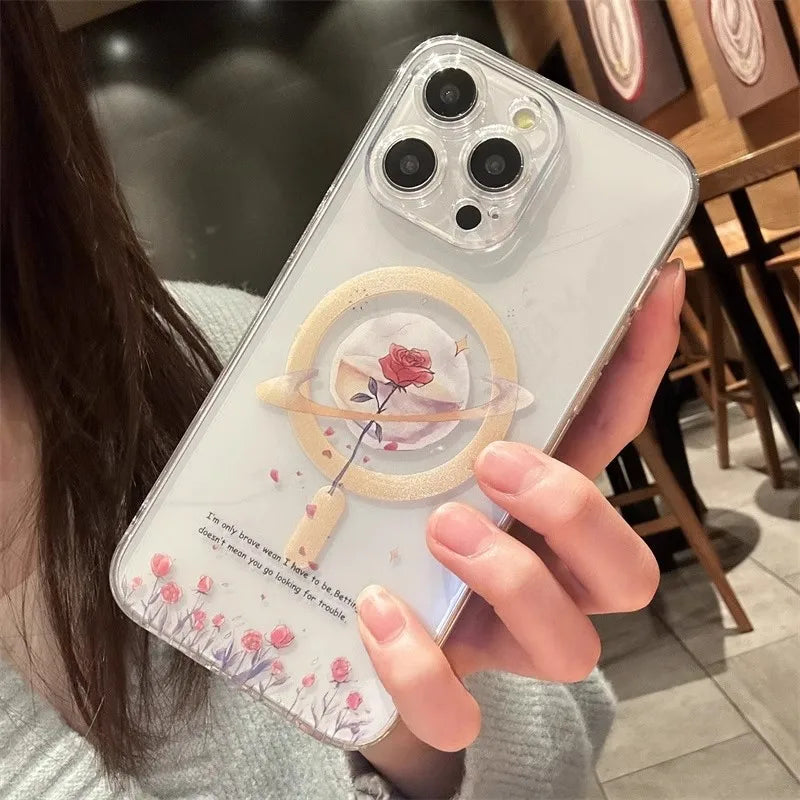 Magsafe  Transparent Cartoon Rose Flower Phone Case iPhone 16 15 14 Pro Max 16 Plus Wireless Charge Clear Funda