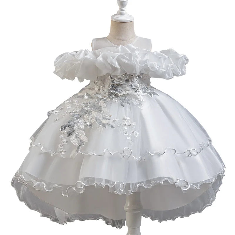 Luxury Off-Shoulder Gown with Train for Girls  Tulle Dress for Fashion Walk Show & Pageants