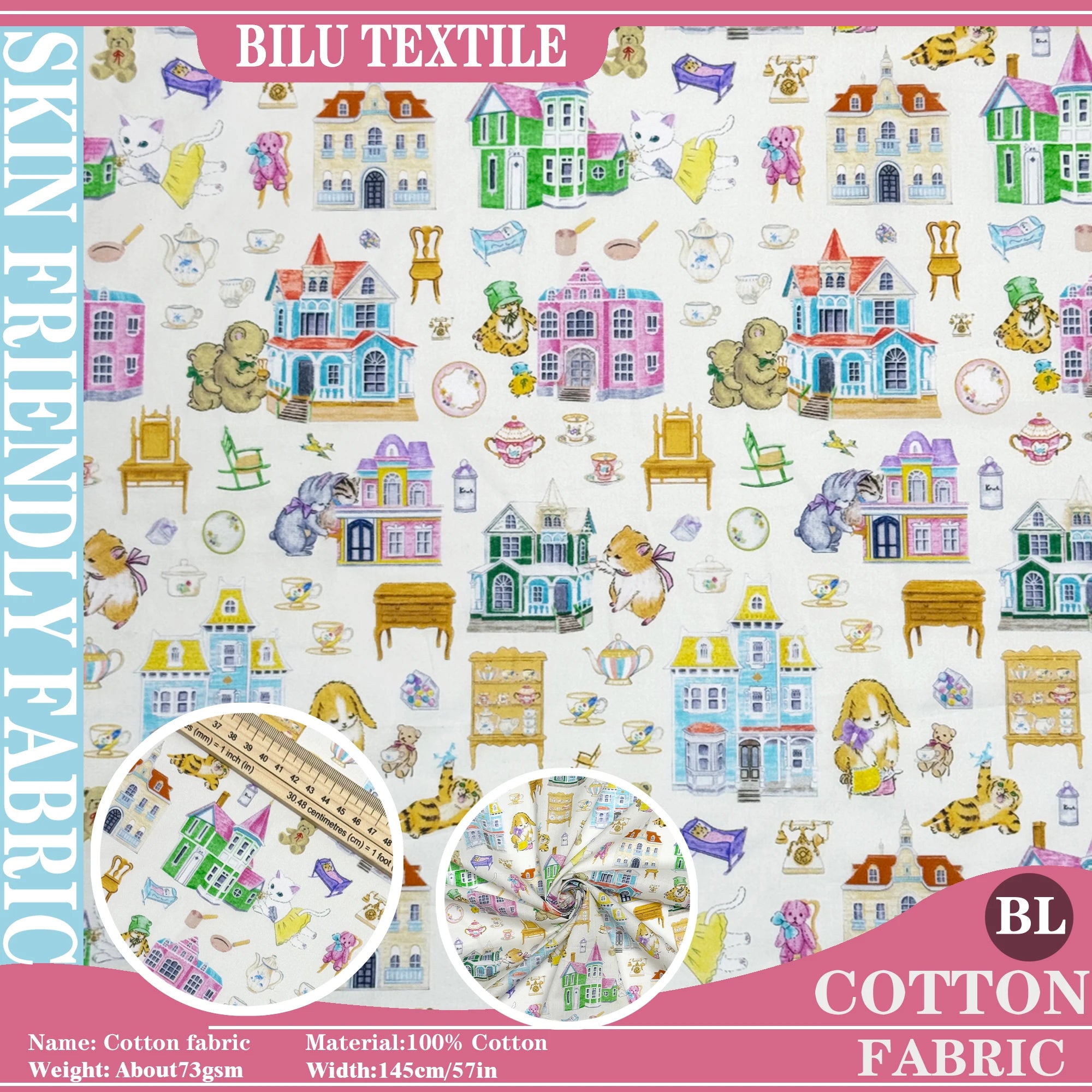 100% cotton Hokkoh-Doll house Milky tana lawn fabric 80s Poplin printing Sewing fabric Making Dress Clothing Handmade DIY Cloth