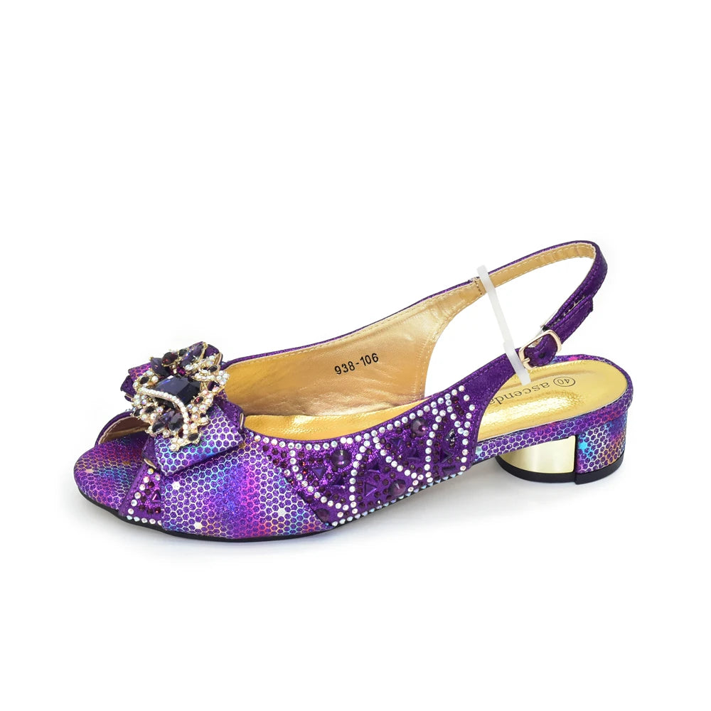 Pattern Popularity Newest Sandals Ladies Shoes and Bag Set Full Diamond Fashion Design Purple Color Pumps for Wedding Party