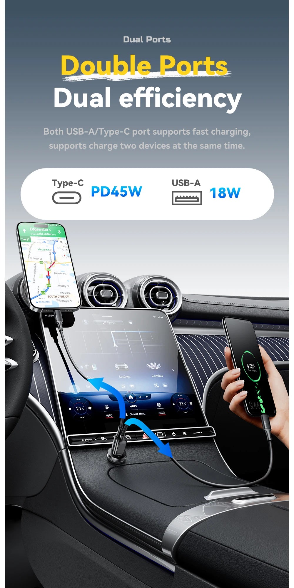 45W Mini USB-C + USB Fast Car Charger (PD 3.0 + QC 3.0)