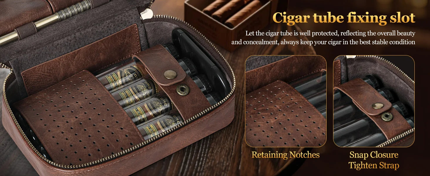 Cigar Humidor, Leather Travel Cigar Case, Include 4 Cigar Tubes & Humidifier, Cigar Draw Enhancer and Multifunction Cigar Cutter