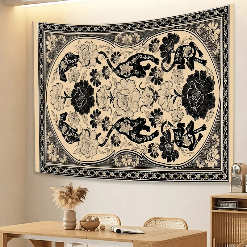 Art Black and White Leopard Print Floral Tapestry Retro Living Room Sofa Decor for Cafes Bohemian Style Home Decor