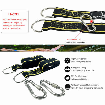 One Pair Tree Swing Hanging Kit Hammock Straps Camping 350 KG Load Capacity Rope Carabiner Outdoor Hiking Hammock Hanging Belt