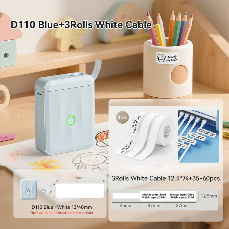 D110 Mini Thermal Label Printer, Bluetooth Portable Smart Label Maker 12–15mm, Inkless Sticker Printer for Home Office Kitchen School