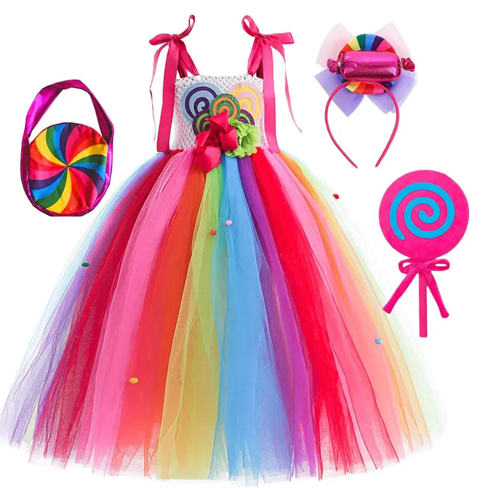 Candy Princess Costume Dress with Candy Headdress and Lollipop Accessories