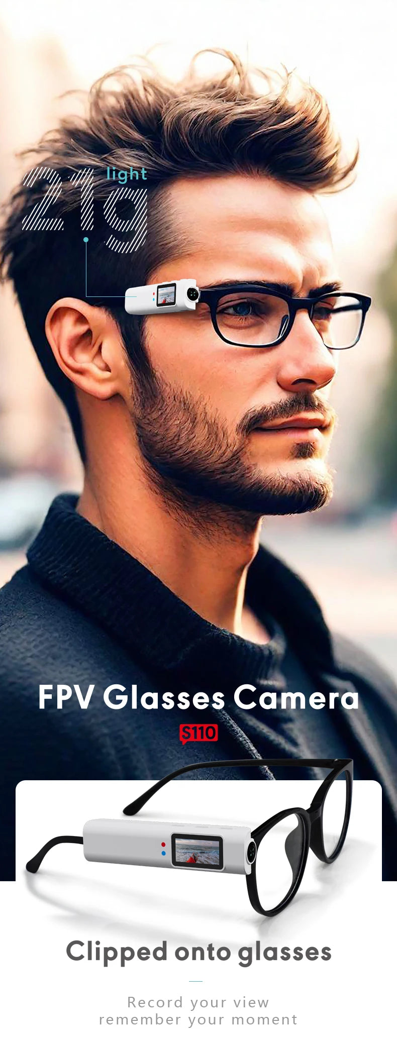 Mini FPV Eyeglasses Action Camera 2.7K Sport Bodycam WiFi Video 0.96