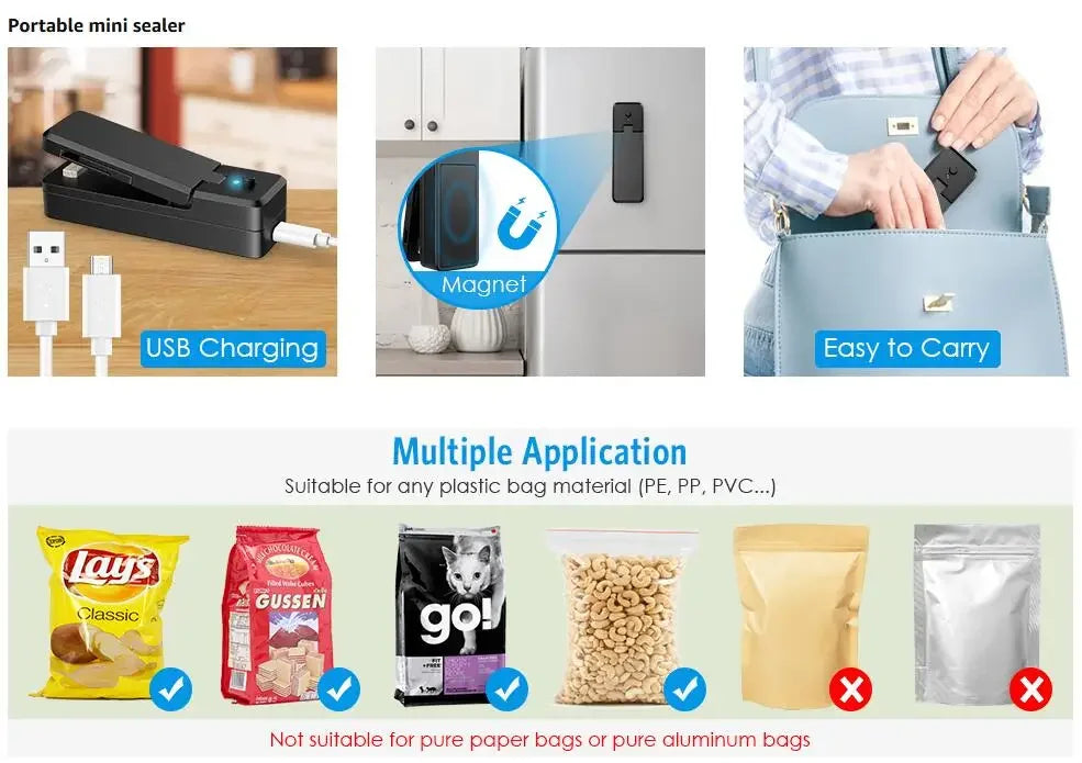 2-in-1 Mini Rechargeable Bag Sealer & Cutter – Portable USB Vacuum Heat Sealer for Plastic Snack & Food Storage Bags
