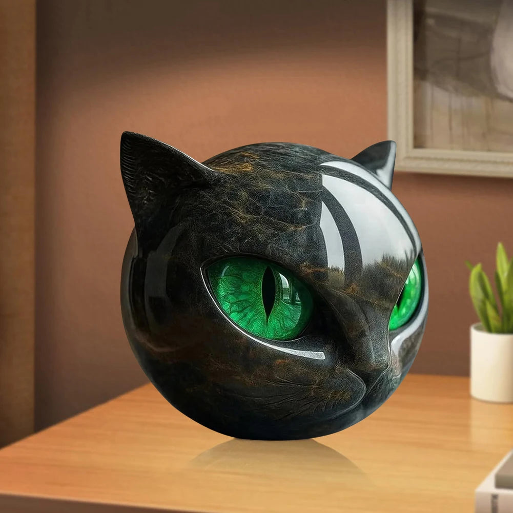 Green Eyes Cat Head Sculpture 3D Resin Healing Stone Marble Texture Cats Figurines Sculpture Gifts for Cat Lovers Women Men