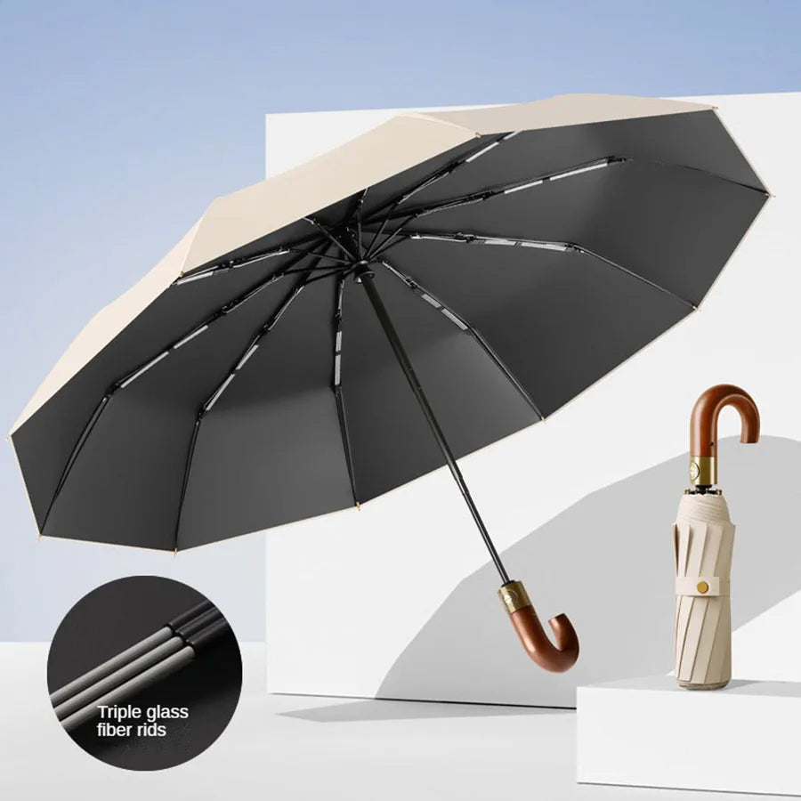 Windproof Automatic Folding Umbrella with UV Protection Curved Handle for Sun and Rain