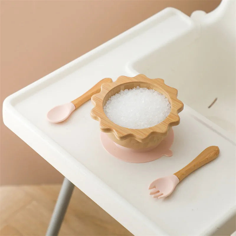 Baby Wooden Tableware Set Sun Bamboo Wooden Plate Bowl Silicone Suction Wooden Handle Fork Spoon for Newborn Feeding Supplies