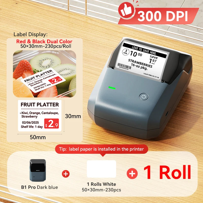 B1 Pro Thermal Label Printer 300DPI, Bluetooth Wireless Inkless Sticker Maker 20–50mm, Red & Black Label Printer for Home & Business