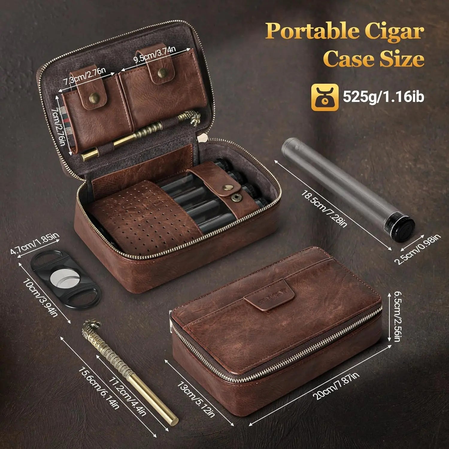 Cigar Humidor, Leather Travel Cigar Case, Include 4 Cigar Tubes & Humidifier, Cigar Draw Enhancer and Multifunction Cigar Cutter