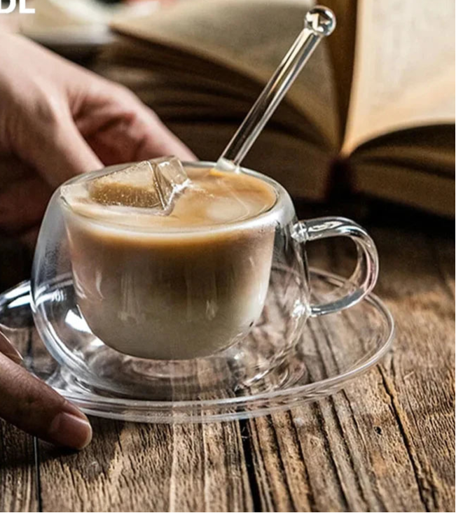 180/250ml Double Wall Glass With Dish And Spoon Clear Glass Espresso Cups Set Heat Resistant Handle Coffee Mug Drinkware