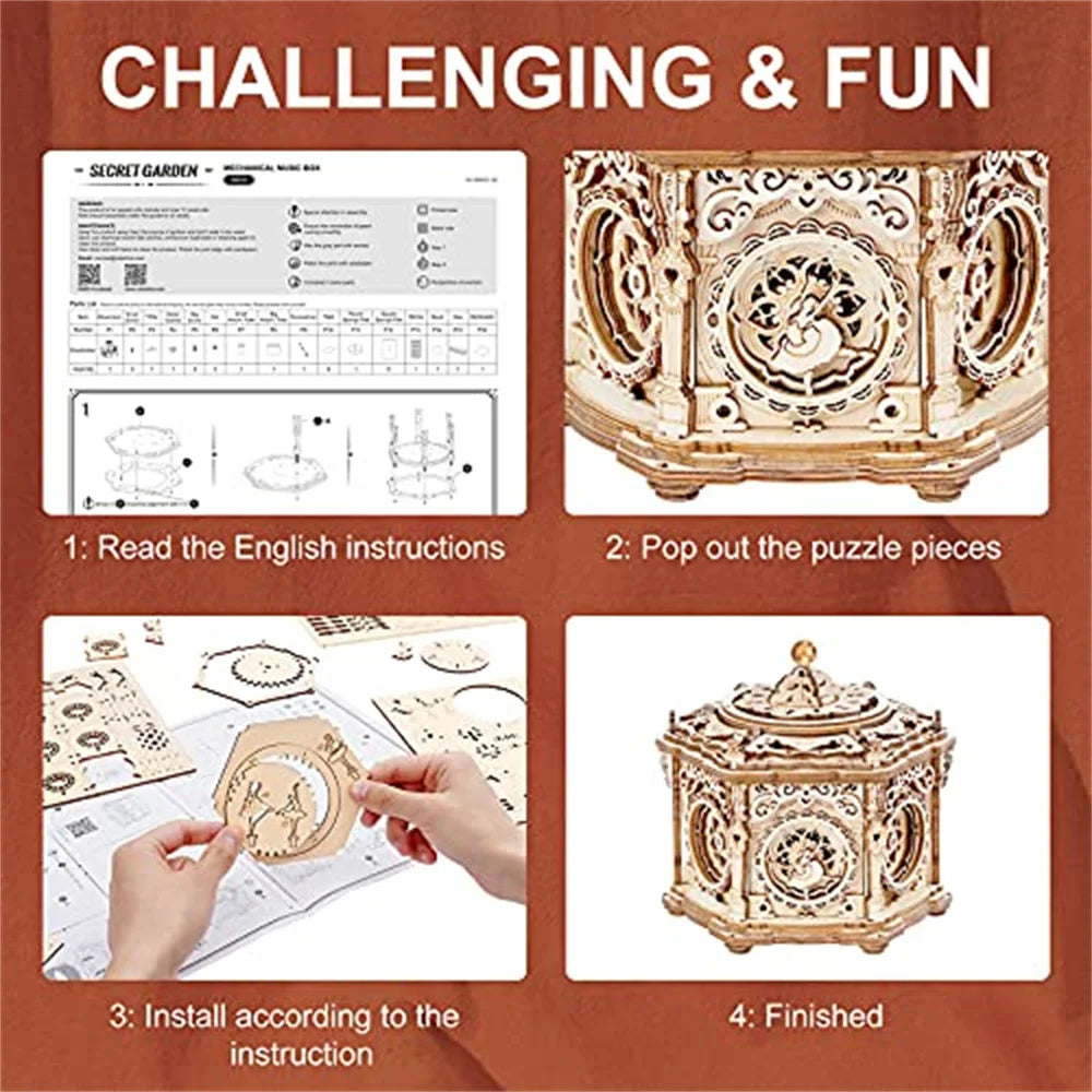 DIY Mechanical Music Box Kit 3D Wooden Puzzles Music Box Brain Mechanical Model Kits Gift for Teens Girls Women