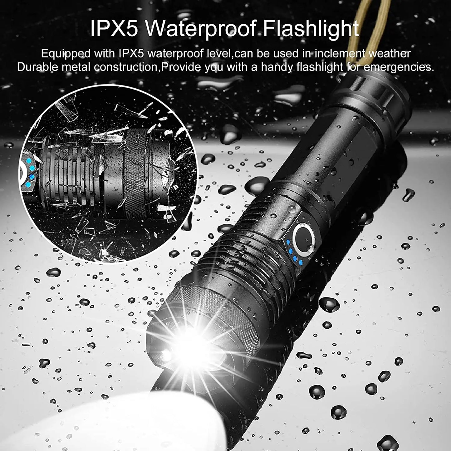 XHP120 LED Flashlight Rechargeable Zoom Tactical Torch with COB Side Light Power Bank Function