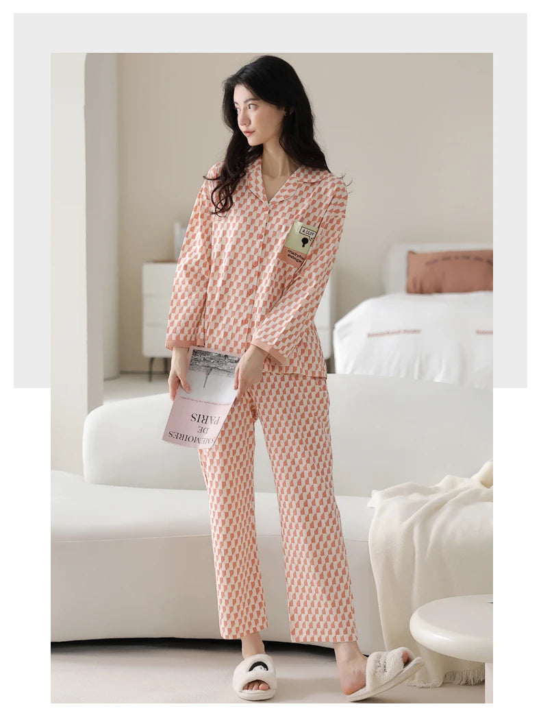 Women’s Winter 100% Cotton Pajama Set – Loose Fit, Turn-Down Collar, Long Sleeves, Cute Pink