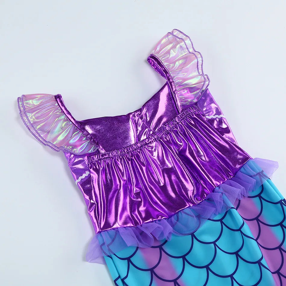 New Blue Red Purple Three Colors Mermaid Flying Sleeve Fishtail Beautiful Dress For Girl Summer Beach Party Cool Gown