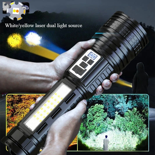 100000LM Dual Laser Flashlight White & Yellow Beam Rechargeable Zoom Tactical Torch with COB Side Light