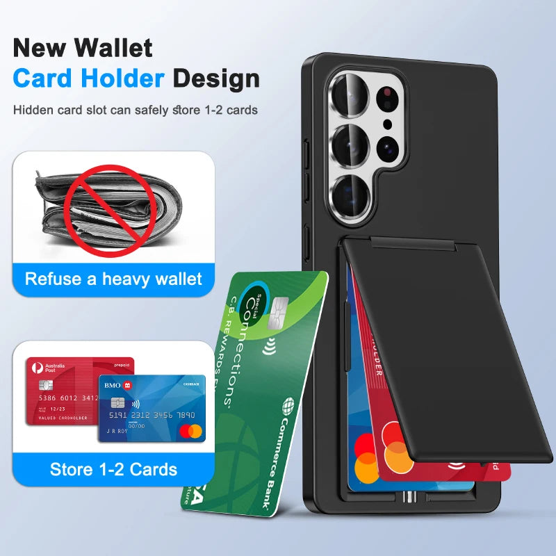 Luxury Solid Color Matte Wallet Card Slot Bracket Phone Case For Samsung S25 Ultra Edge S23 S24 Ultra Plus Bumper Back Cover