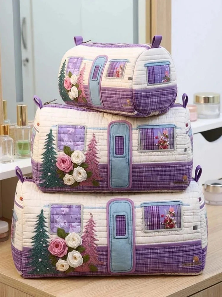 3-Size Quilted Cosmetic Bag 3D Printed Cute Animal Floral Printed Patchwork Makeup Toiletry Pouch Travel Organizer Storage Box