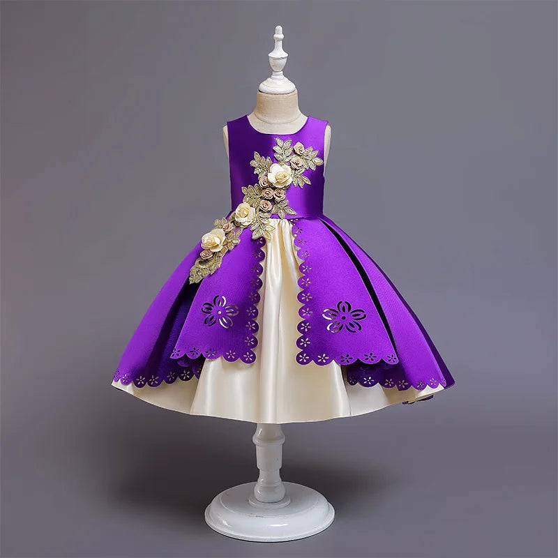Girls Summer Princess Dress - Sleeveless Tulle Tutu with Floral Appliques | Kindergarten Performance Outfit, Birthday Party Gown