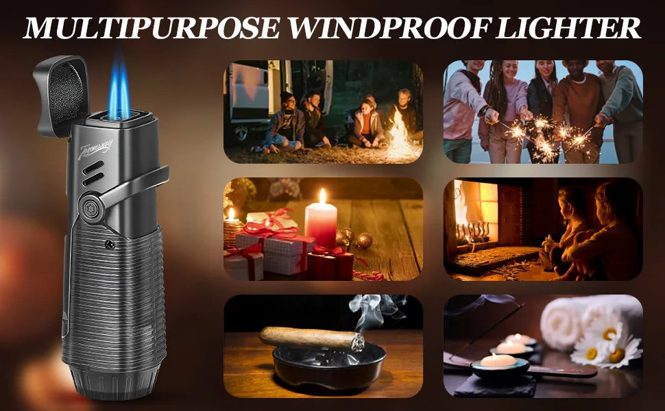 Cigar Lighter, Windproof Refillable Butane Lighter, Multifunction Cigar Accessories with Holder, Cigar Draw Enhancer and Punch