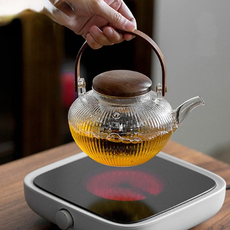 Glass Thick Stripes TeaPot Heat Resistant Wood Handle  Can Be Heated Electric Pottery Stove To Make Open Fame 750ML