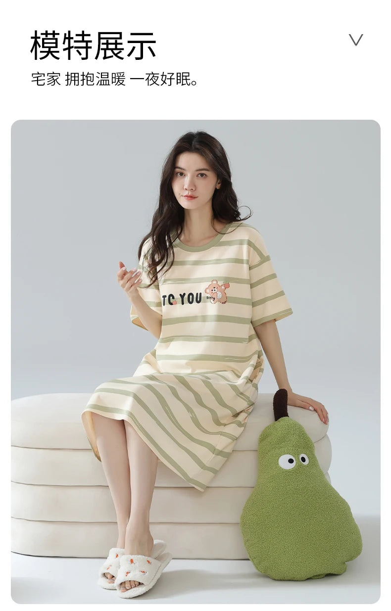 Women’s Cotton Nightgown – Korean Style Cute Print, Summer Short Sleeve Sleepwear Dress