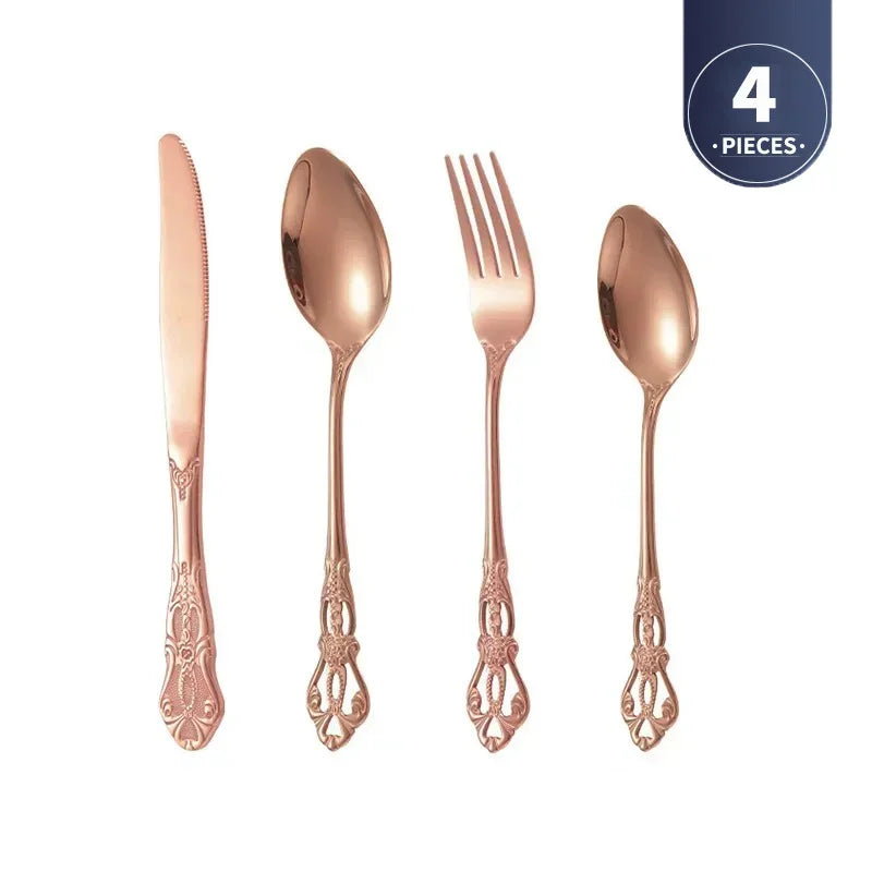 4pcs Gold Stainless Steel Cutlery Set Royal European Spoon Fork and Steak Knife Retro Hollow Design Dinnerware Luxury Tableware