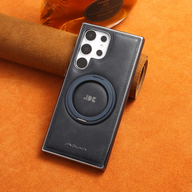 For Magsafe  360°Rotating Metal Car Bracket Ring Solid Color Leather Phone Case For Samsung S24 Ultra S22 S23 Ultra Plus