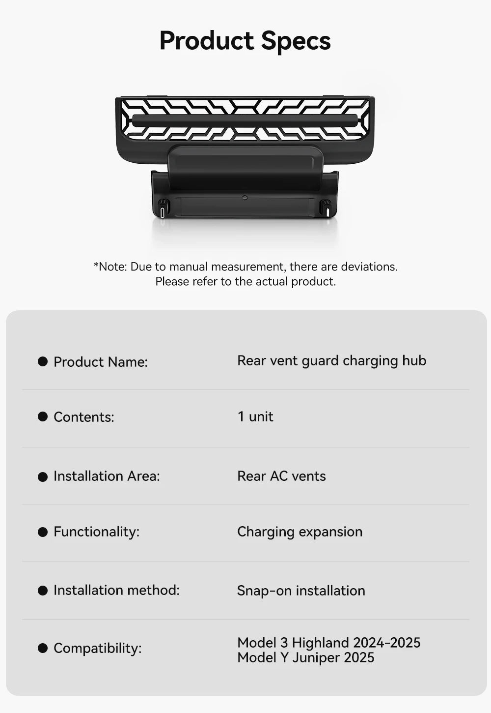 Rear Air Vent USB Hub Fast Charger Docking Station for Tesla Model 3 Highland and Model Y Juniper