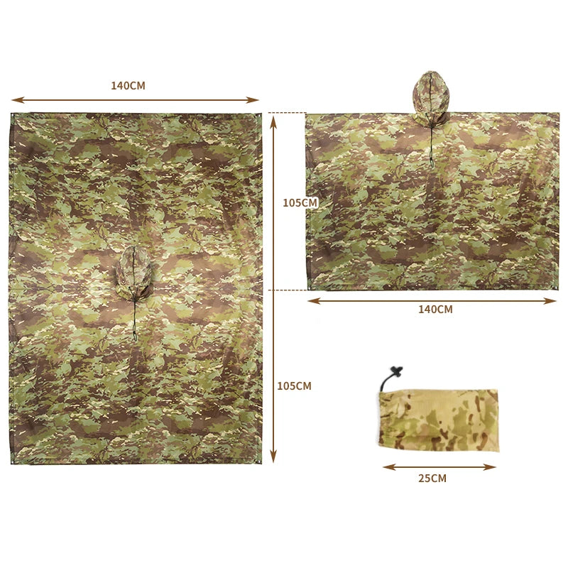 Waterproof Military Style Rain Poncho with Hood for Hiking and Camping