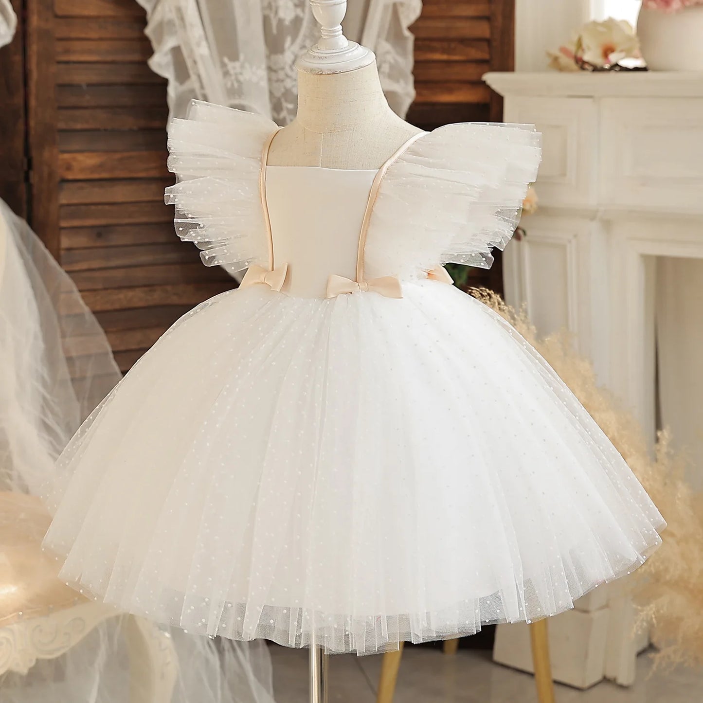 Girls Flying Sleeves Polka Dot Mesh Princess Dress Children Performance Fluffy Costume for Christmas New Year Party