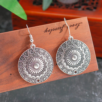 Statement Bohemian Vintage Ethnic Big Round Drop Earring Long Carved Flowers Drop Earrings For Women