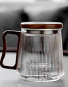 500ML Stripe Heat Resistant Glass Tea Water Separation Tea Cup With Wood Handle Filter Brewing Puer Cups Kung Fu Tea Mug Set