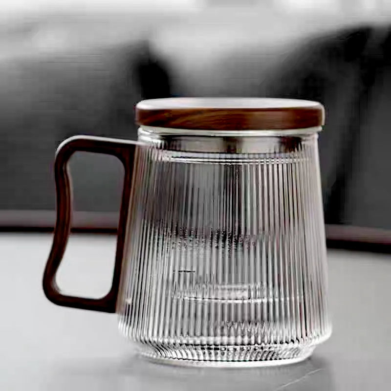 500ML Stripe Heat Resistant Glass Tea Water Separation Tea Cup With Wood Handle Filter Brewing Puer Cups Kung Fu Tea Mug Set