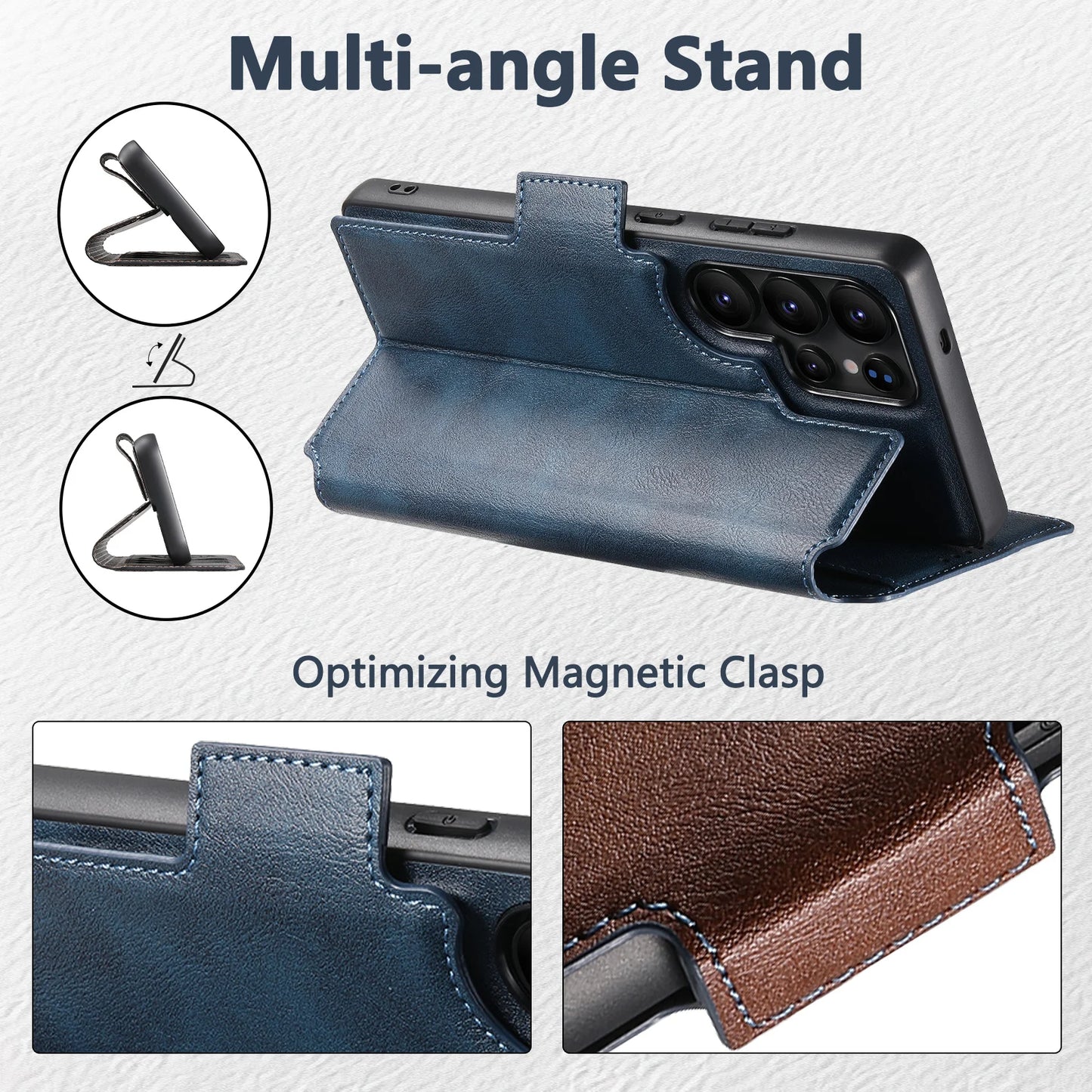 Magnetic Flip Wallet Case with Card Holder & Stand for Samsung Galaxy S26 Ultra / S25 / S24 / S23 – Faux Leather Wireless Charging Cover